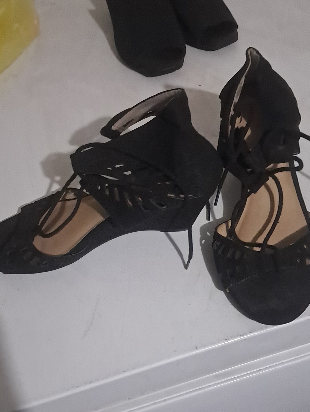 Black Lace-Up Cutout Women's Heels
